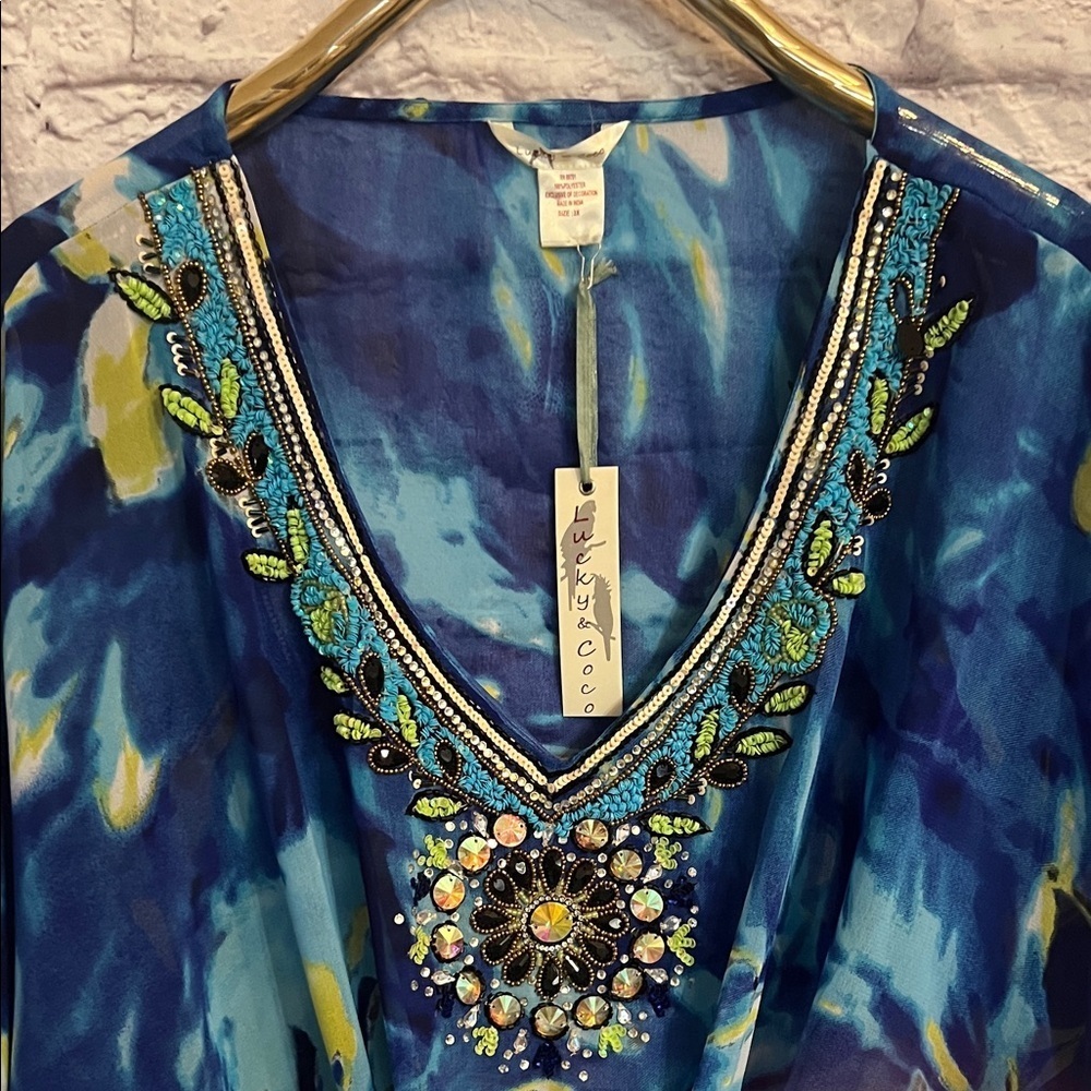 LUCKY & COCO NWT Kaftan Womens 3X Blue Water Embellished
Gemstone Beach Wear - Picture 6 of 15